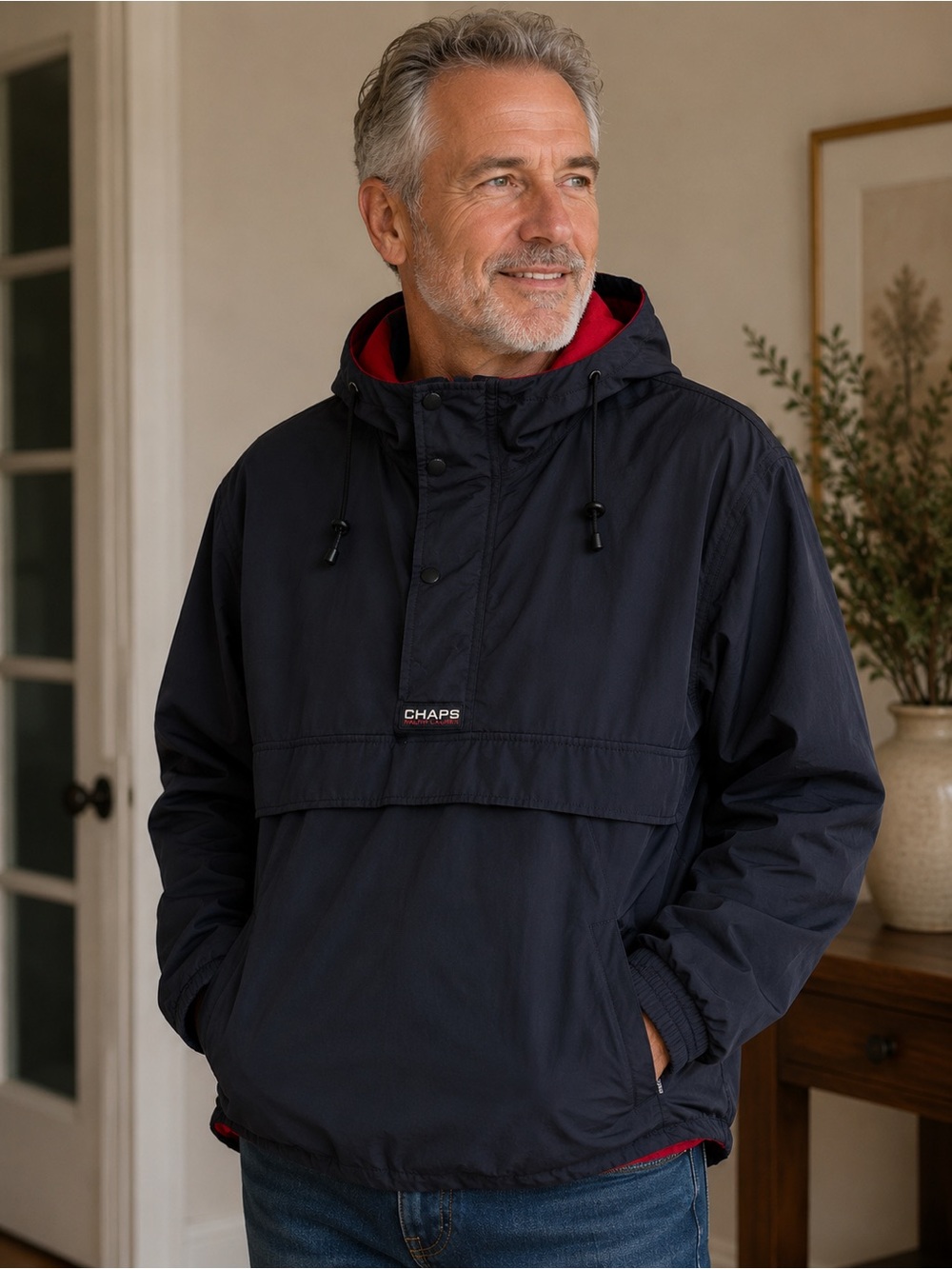 Chaps Navy Windbreaker Pullover with Red Lining